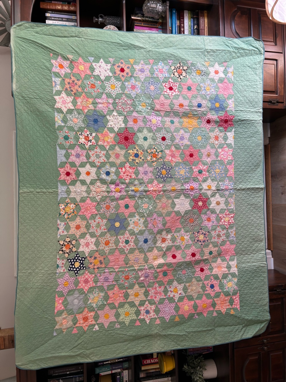 Vintage Handmade Green Floral Star Patchwork Quilt
